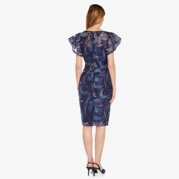 Adrianna Papell EMBROIDERED FLUTTER SLEEVE MIDI SHEATH DRESS IN NAVY MULTI - Picture 2 of 6